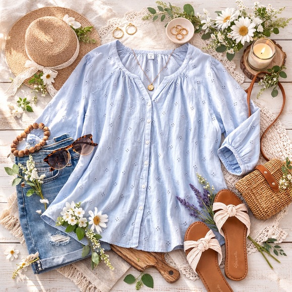 Old Navy Eyelet Embroidered Blouse XXL Light Blue Cotton Boho Peasant Top - Picture 2 of 8